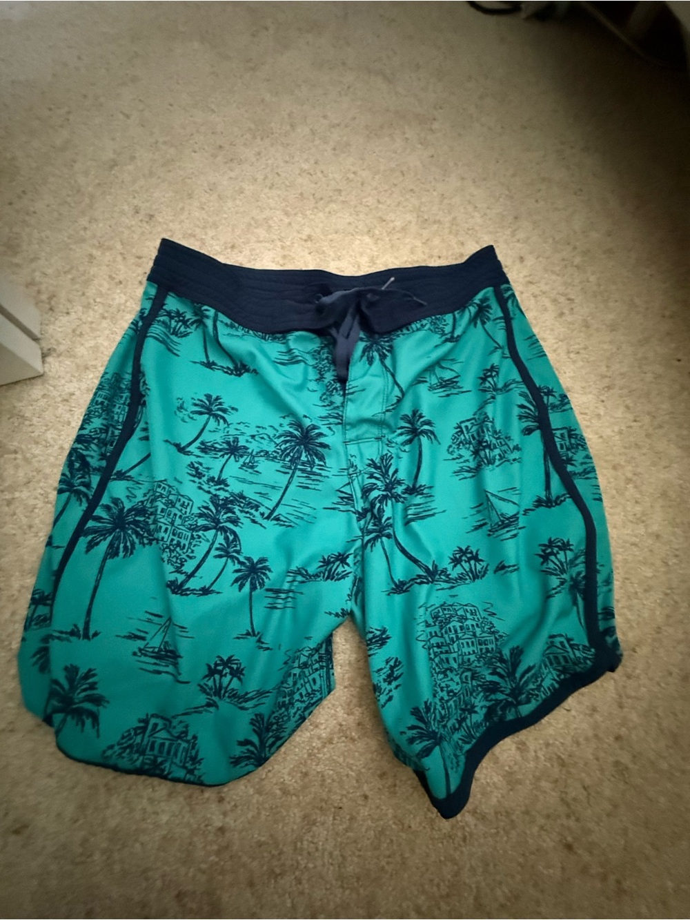 Old Navy Teal Swim Board Shorts with Navy Tropical Print